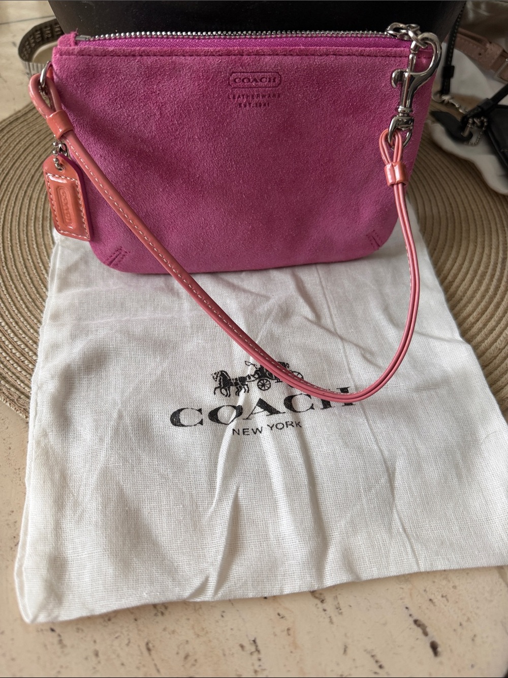 Vintage Coach Leatherware Fuchsia Suede Crossbody with Pink Patent Leather Strap